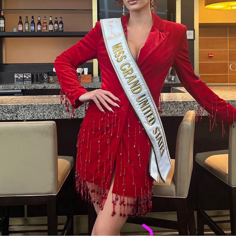 Red velvet, embellished blazer dress